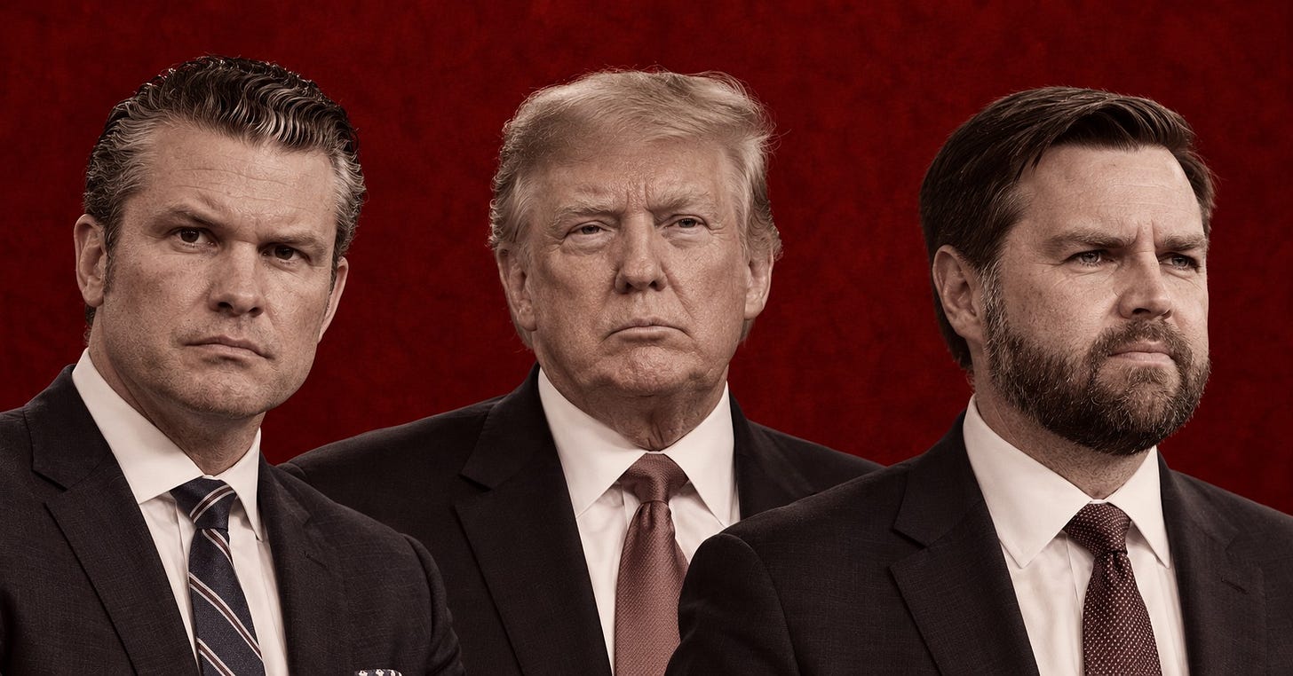 Pete Hegseth, Donald Trump and JD Vance against a red background Pete Hegseth, Donald Trump and JD Vance against a red background