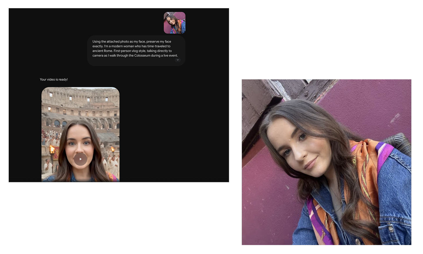 Split-screen image showing a Gemini Omni AI-generated video beside the original reference selfie used to create it. On the left, the Gemini Omni interface displays a generated first-person vlog-style video of a young woman inside the Roman Colosseum, based on a prompt about time-traveling to ancient Rome while preserving her face exactly. On the right is the original selfie reference image of the woman wearing a denim jacket and colorful scarf.