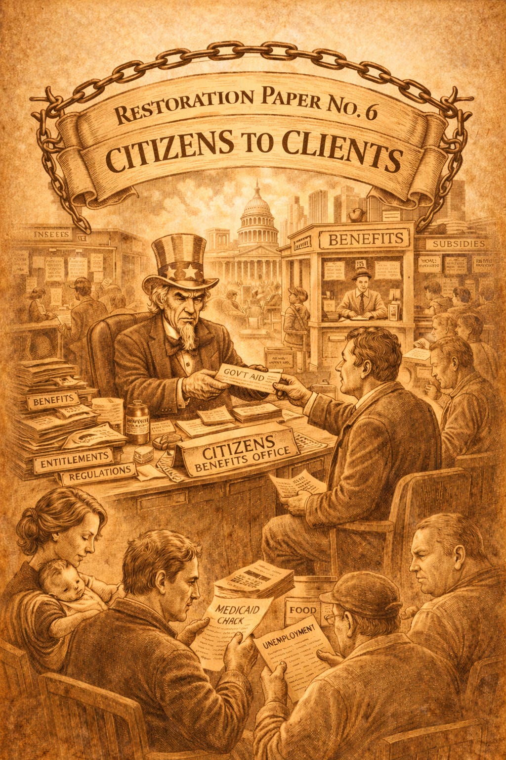 Sepia-toned illustration of Uncle Sam as a benefits clerk handing government aid to citizens waiting with paperwork beneath a banner reading ‘Citizens to Clients.