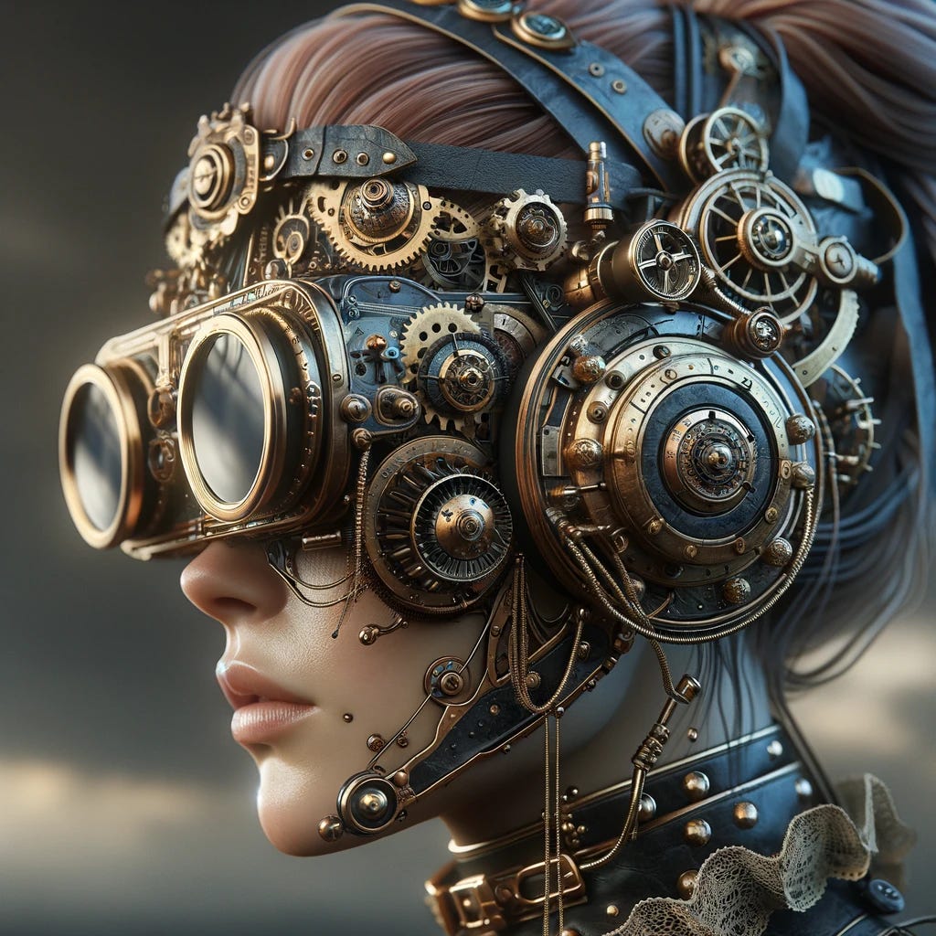 A close-up image of a steampunk-style female head wearing a VR/AR headset. The headset is intricately designed with brass gears, leather straps, and Victorian-era embellishments. The woman has detailed mechanical components integrated into her skin, resembling a fusion of human and machine. Her eyes are hidden behind the lenses of the headset, which emit a faint glow. The background is blurred to emphasize the intricate details of the headset and the steampunk aesthetic.