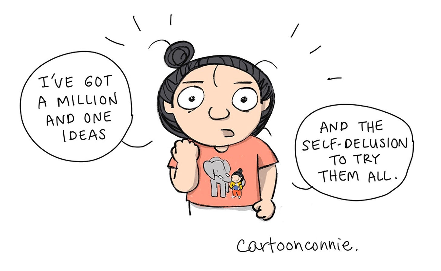 Excerpt from a single-page comic strip about neurodivergent brains and the challenges of starting and finishing projects, illustrated as navigating a hedge maze. Titled "A Neurodivergent Brain," 2026, by Connie Sun, cartoonconnie.