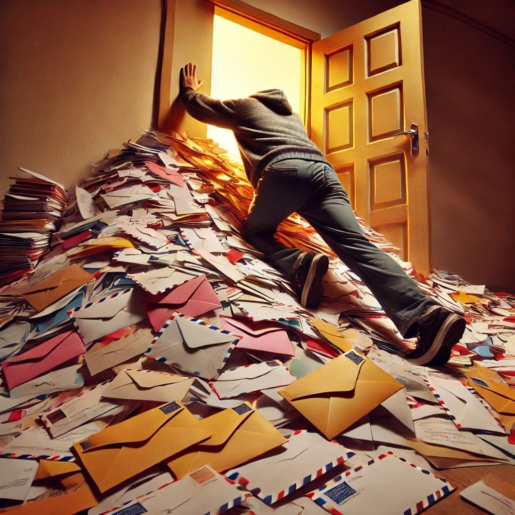 A person trying to push open a door, but there are too many letters piled up behind it, making it difficult to open. The scene is inside a room, and the letters are spilling out from behind the door, scattered all over the floor. The person is leaning into the door with effort, struggling against the pile of letters. The letters are in envelopes, a mix of colours and sizes, creating a chaotic yet humorous scene. The lighting is warm, casting shadows on the letters and the person as they attempt to open the door.