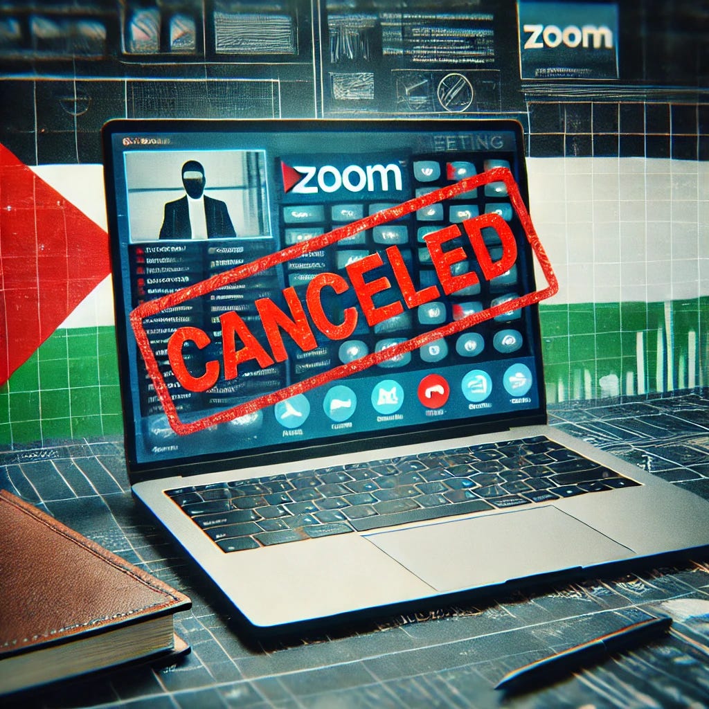 A conceptual digital illustration showing a canceled online webinar. The image should feature a computer screen displaying a Zoom meeting with a red 'CANCELED' stamp over it. The background should include subtle political elements such as a Palestinian flag and a closed laptop beside it. The atmosphere should feel tense and controversial, with a news headline-style overlay on the top. The image should have a journalistic and modern digital aesthetic.