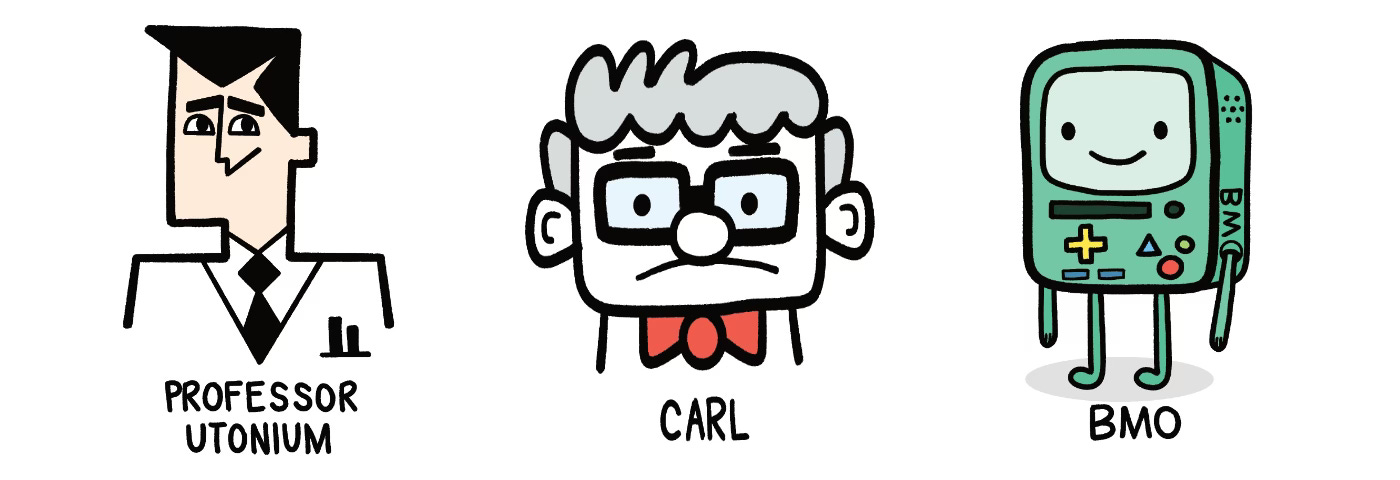 A cartoon illustration of Professor Utonium, Carl, and BMO.