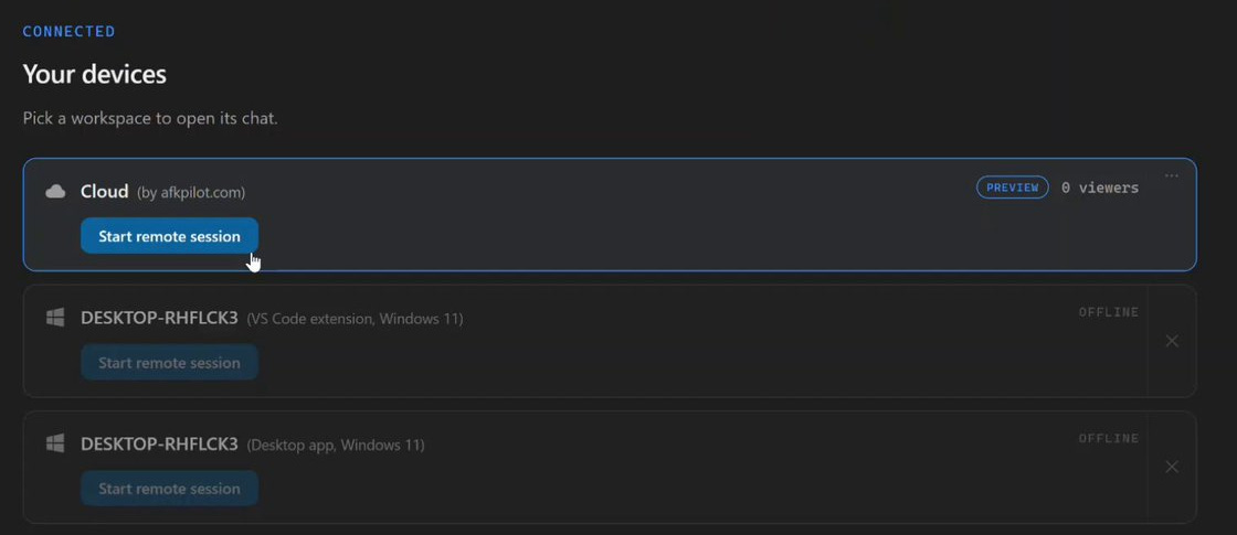 AFK Pilot device list with a Cloud machine in preview at the top and two offline Windows hosts AFK Pilot device list with a Cloud machine in preview at the top and two offline Windows hosts