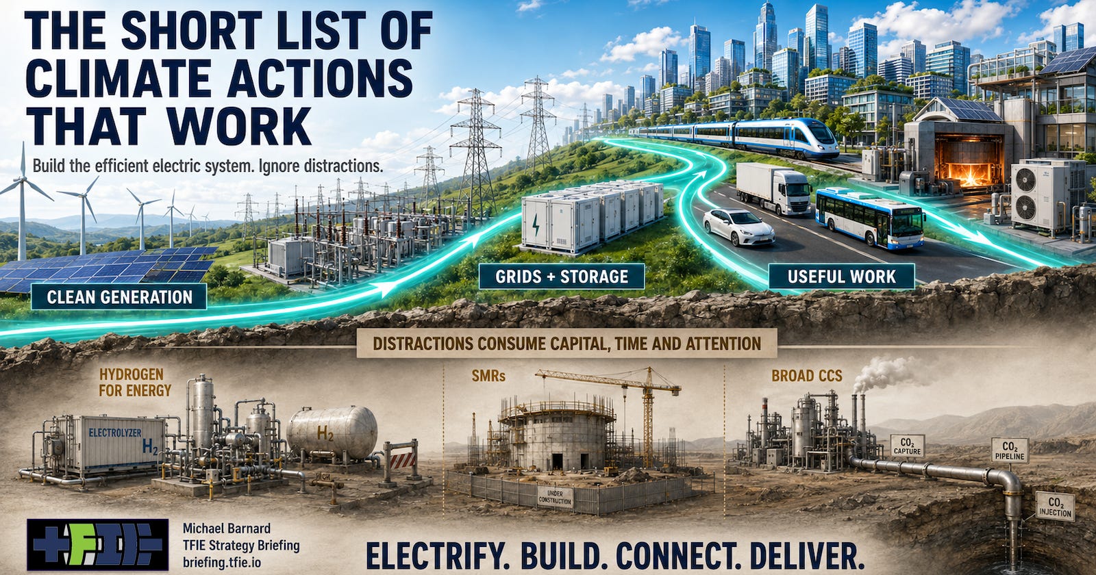 Renewables power an electrified city, transport and industry while hydrogen, SMR and CCS projects sit below in a separate distraction zone.
