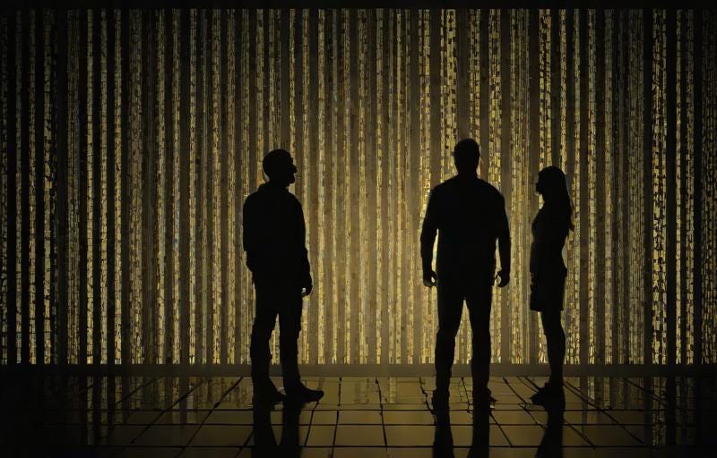 two silhouettes talking in front of a huge screen filled with horizontal numbers and code