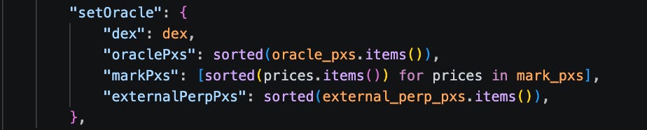Python SDK code snippet showing the setOracle payload with oraclePxs, markPxs, and externalPerpPxs converted from dictionaries into sorted tuple arrays before signing