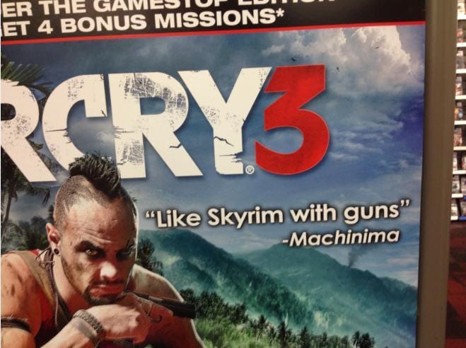 The cover of Far Cry 3 with a quote from Machinima: Like Skyrim with guns.