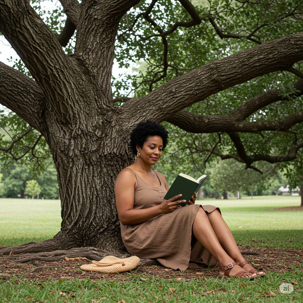 An African-American woman wearing a brown dress, reading a book under a tree. An African-American woman wearing a brown dress, reading a book under a tree.