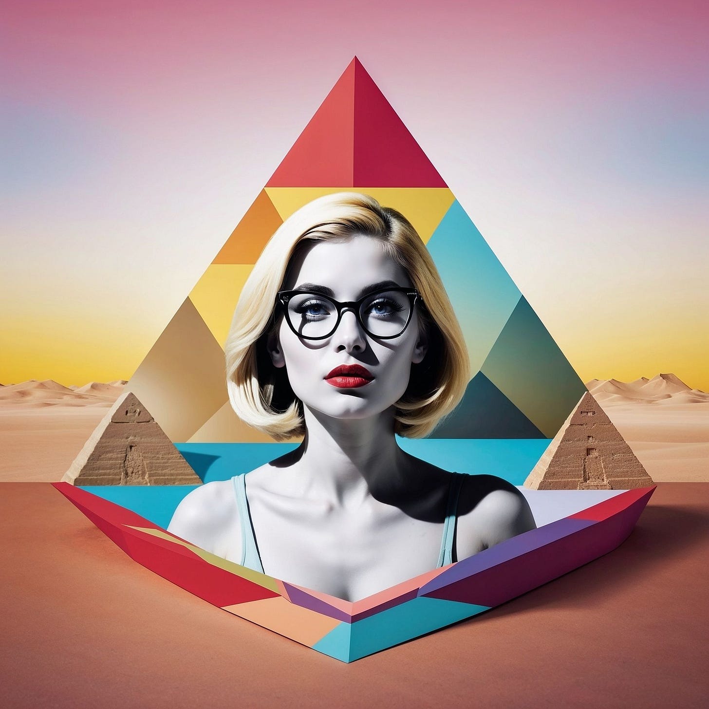 image of woman juxtaposed over a rainbow triangle like a pyramid in the desert. image of woman juxtaposed over a rainbow triangle like a pyramid in the desert.