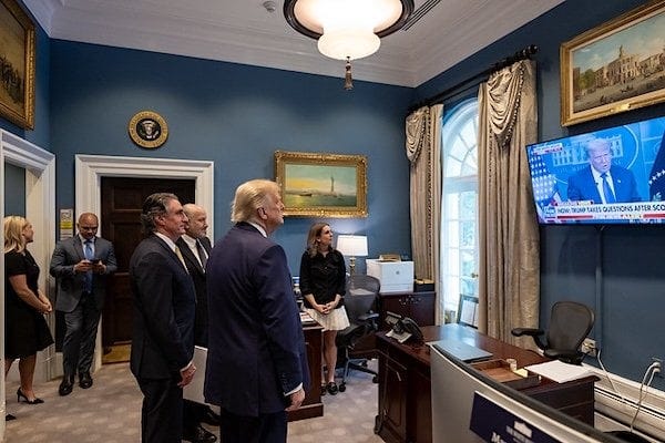 President Donald Trump watches a recap of his press conference in the Outer Oval on Friday, June 27, 2025. (Official White House photo by Molly Riley) President Donald Trump watches a recap of his press conference in the Outer Oval on Friday, June 27, 2025. (Official White House photo by Molly Riley)
