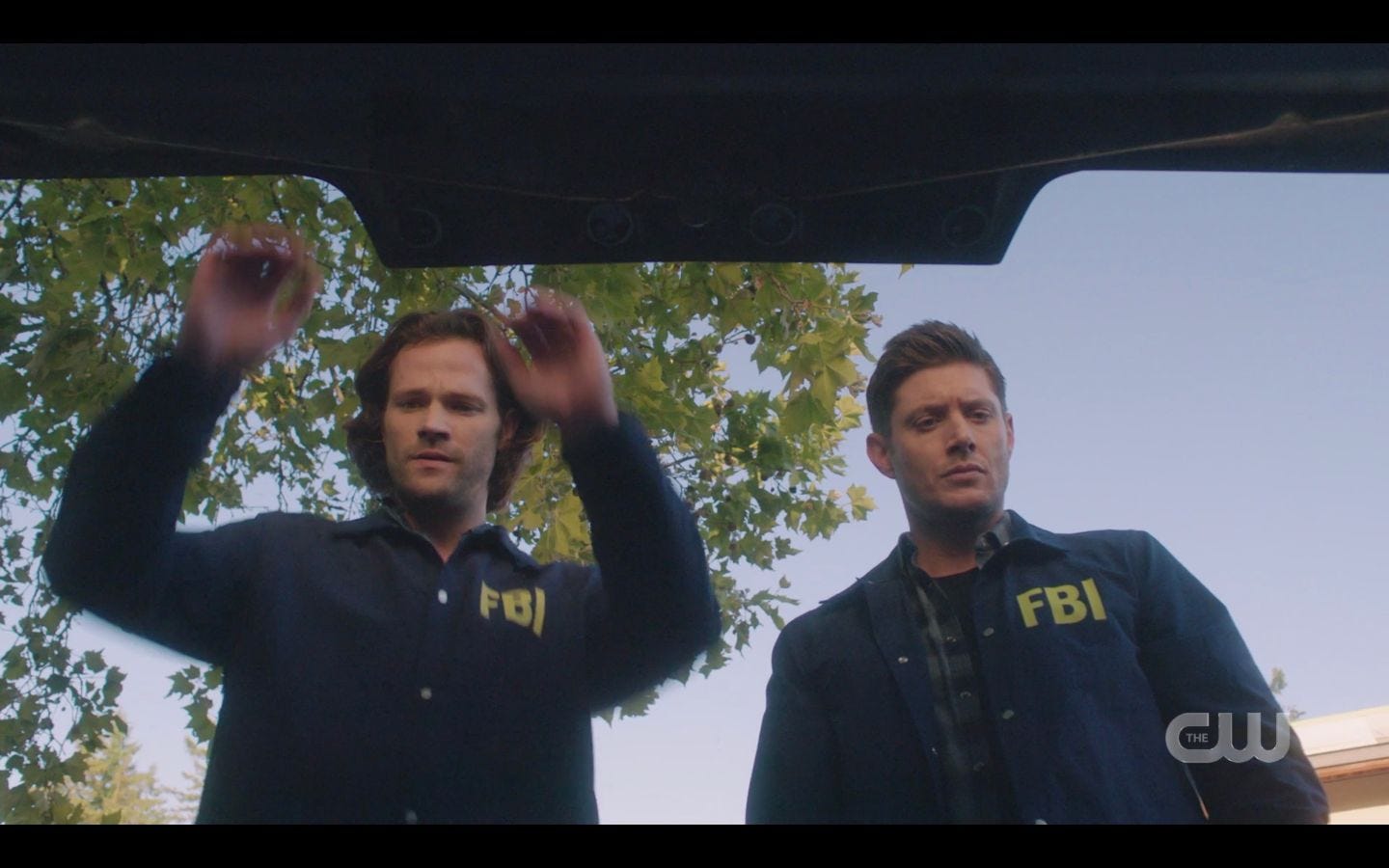 Supernatural 1501 Sam Dean Winchester FBI jackets open trunk of Baby Supernatural 1501 Sam Dean Winchester FBI jackets open trunk of Baby