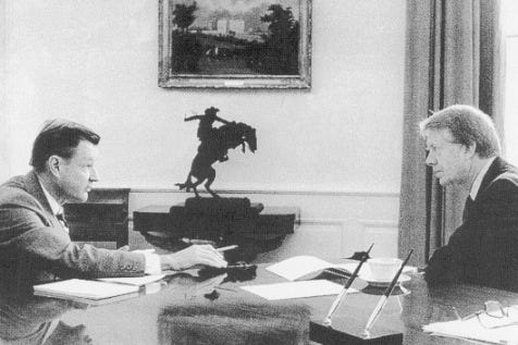 Brzezinski and Carter in a 1-on-1 discussion in the Oval Office