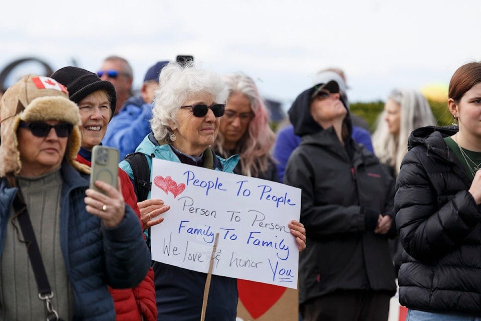 Canadians and Americans met at Peace Arch Park along the border on Saturday, March 22, 2025. 