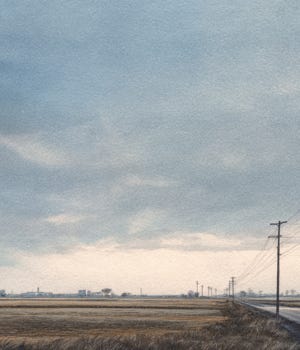 Alt text: Illustration of an empty Illinois field at night near a highway, calm but unsettled.