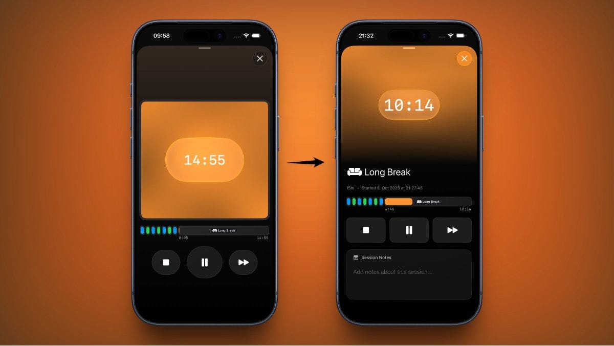 Two iPhone screens side by side on an orange background. Left screen in dark mode shows a square timer interface displaying 14:45 with play and pause buttons below. Right screen in light orange mode displays 18:14 timer, music player with song title Long Break, colorful equalizer bars, progress bar, and play, pause, forward, backward controls at the bottom.