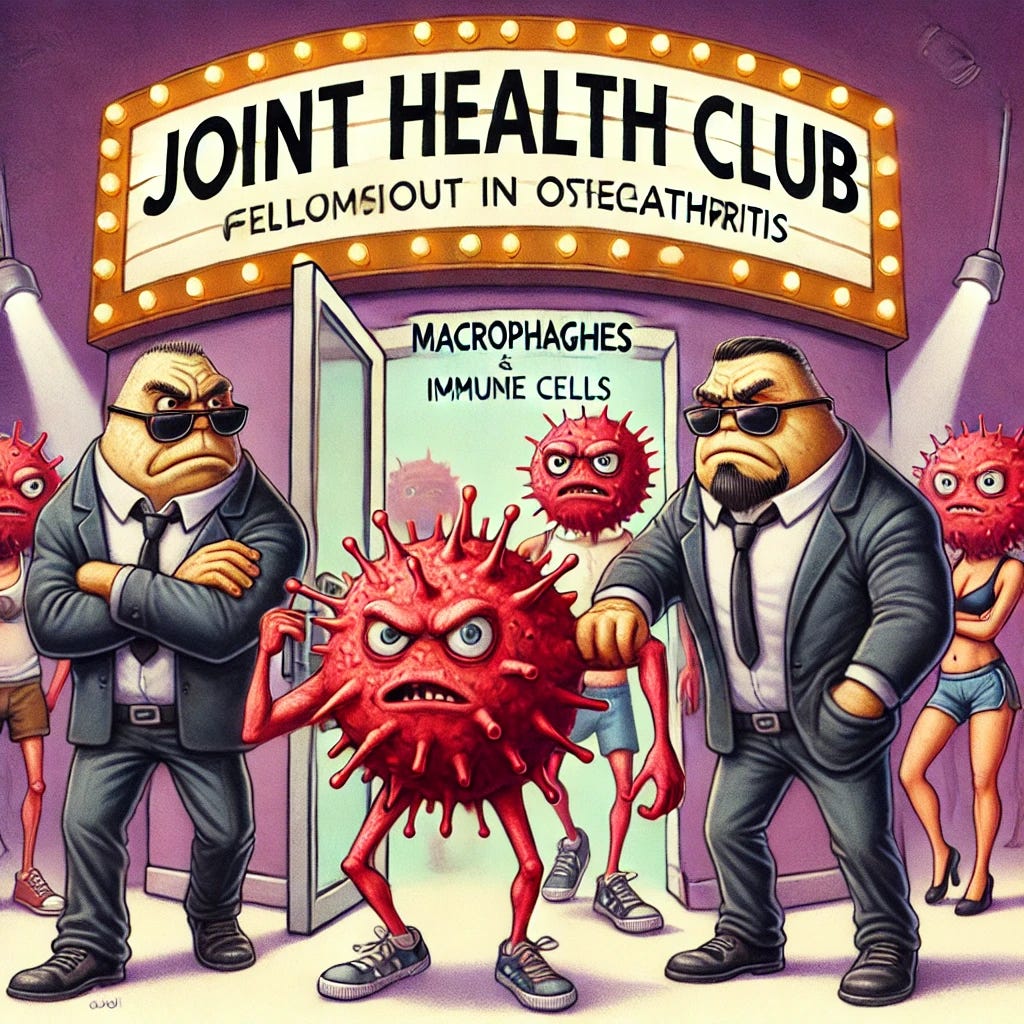 A humorous and exaggerated illustration of macrophages being kicked out of a party by bouncers. The macrophages, depicted as mischievous, round, and spiky immune cells, are being forcefully escorted out of a nightclub labeled 'Joint Health Club.' The bouncers, large and muscular, wear suits and sunglasses, crossing their arms with a stern look. Inside the club, the atmosphere is calm and healthy, with happy joint cells dancing and enjoying themselves. The scene is playful, using bright colors and a cartoonish style to represent the battle against inflammation in osteoarthritis.