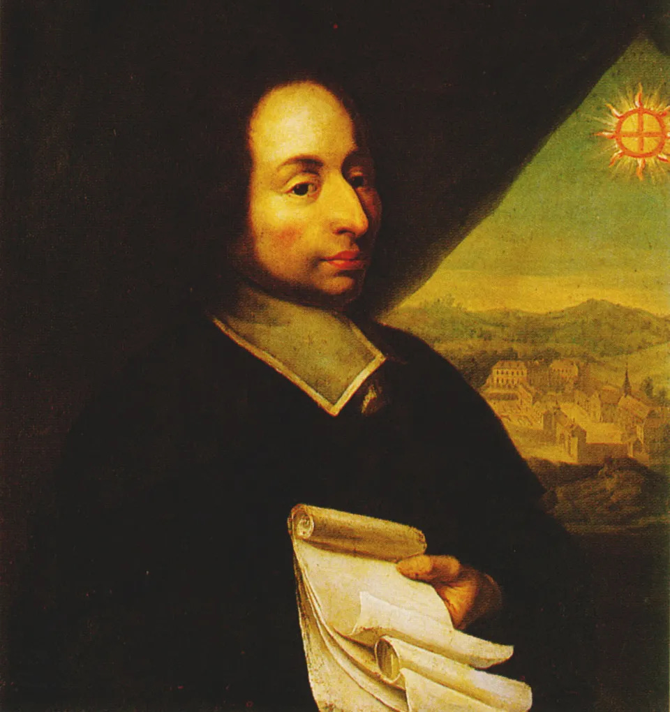 A képen Blaise Pascal látható, aki bal kezében több papírlapot tart. Mögötte a város látképe hegyekkel és a Nap különleges ábrázolásával egy kereszttel.