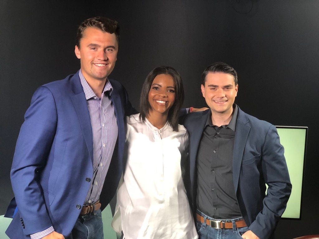 Slain conservative activist Charlie Kirk had a falling out with podcaster Candace Owens after her views became too extreme, according to a board member of Kirk's political activist group. From left: Kirk, Owens and Ben Shapiro in 2018.