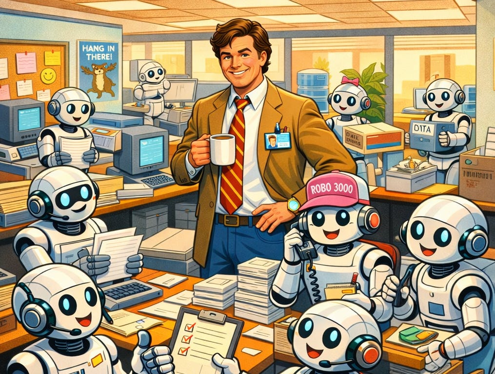 An office scene featuring a smiling man in a suit holding a coffee mug, surrounded by numerous small humanoid robots. The man wears a brown blazer, striped tie, and an ID badge. The robots have round heads with expressive eyes and are engaged in various office tasks such as filing, typing, using phones, and holding documents. One robot wears a pink hat labeled "ROBO 3000." The background includes cubicles, stacks of paper, computer monitors, file boxes, and a "Hang in There!" motivational poster with a sloth.