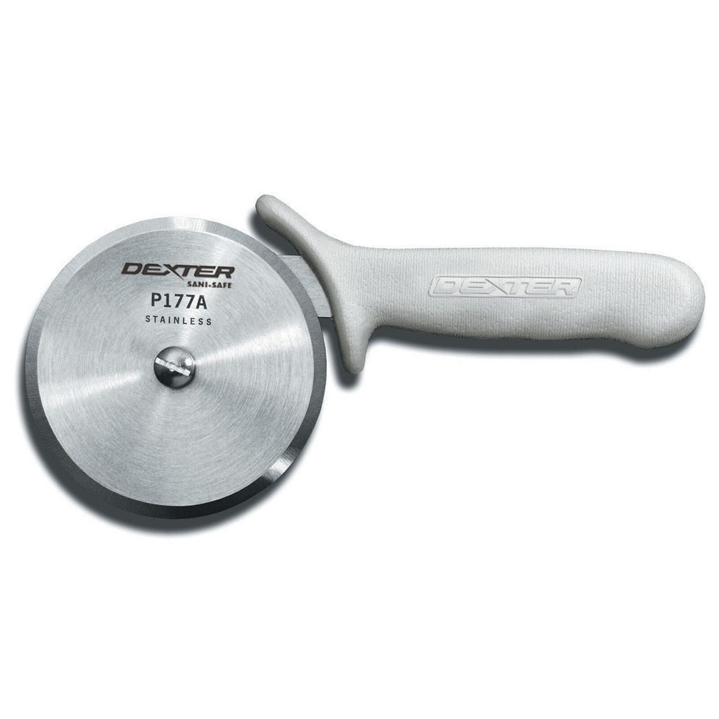 Rotary pizza cutter with a white plastic handle.