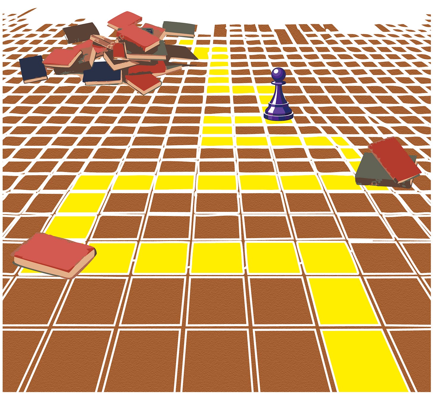 #descrevemospravocê  Imagem digital ilustrada em perspectiva, com aparência tridimensional, mostrando um tabuleiro quadriculado que se estende até o horizonte. Os quadrados se alternam entre marrom e amarelo, formando um caminho em zigue-zague com os quadrados amarelos, que liga diferentes elementos no espaço. O fundo é branco e o chão dá a impressão de estar levemente elevado em relação ao fundo.  À esquerda, há uma pilha bagunçada de livros de diversas cores e tamanhos, empilhados de forma irregular. Mais à direita e ao fundo, há uma peça de jogo de xadrez, um peão roxo brilhante, posicionado sobre o caminho amarelo. À frente dele, um objeto que lembra uma pequena casa com telhado vermelho e paredes cinza escuro também repousa sobre uma das casas amarelas. Perto da frente da imagem, sobre outra casa amarela, há um livro de capa vermelha deitado sozinho. A imagem sugere uma metáfora visual, como um percurso ou missão envolvendo livros, conhecimento ou aprendizado, com o peão simbolizando um personagem em movimento ou jornada.