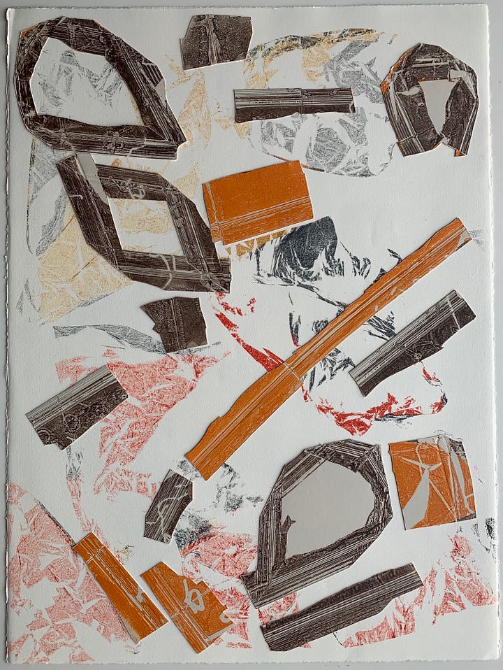 linear and circular shapes define the surface. below are more nuanced folds and shapes left by inked plastic bags being run through the press. The 2 images are a mirror of each other.