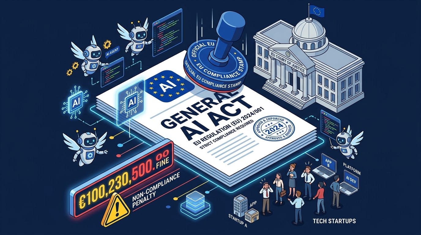 Flat isometric illustration of a giant European Union regulation document with a large official stamp coming down onto it, a courthouse-style building behind it, AI circuit symbols and software agents surrounding the document, a large fine counter and warning symbol nearby, small technology companies standing nervously at the bottom, dark navy background, clean vector art style, bold blue, yellow and red accents, modern technology policy editorial aesthetic Flat isometric illustration of a giant European Union regulation document with a large official stamp coming down onto it, a courthouse-style building behind it, AI circuit symbols and software agents surrounding the document, a large fine counter and warning symbol nearby, small technology companies standing nervously at the bottom, dark navy background, clean vector art style, bold blue, yellow and red accents, modern technology policy editorial aesthetic