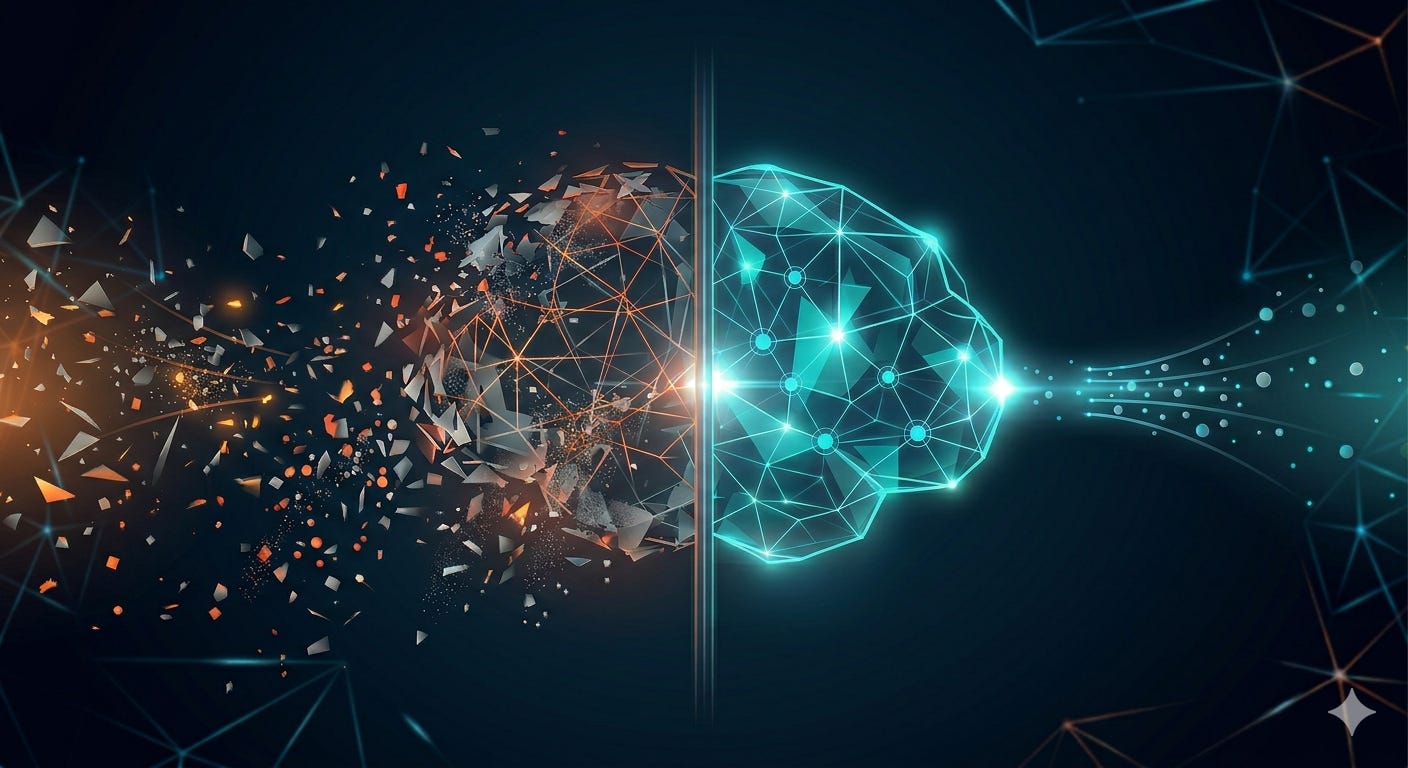 Split brain visual with a fragmented, warm-toned left half exploding into shards and a whole, cool-toned right half made of an organized geometric network. Set against a dark blue background with a subtle network grid.