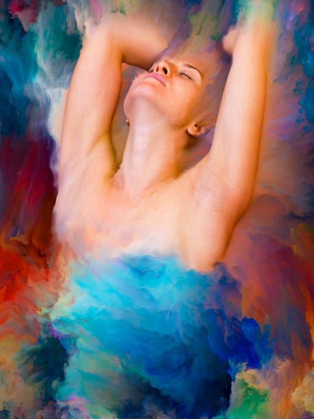 Realms of Inner World Her World series. Arrangement of female portrait fused with vibrant paint on the subject of feelings, emotions, inner world, creativity and imagination Self-awakening stock pictures, royalty-free photos & images