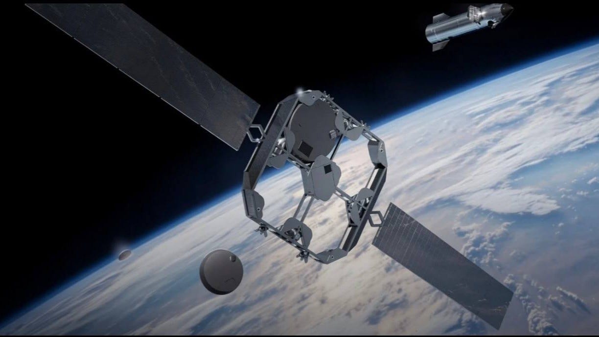 Rappresentazione artistica di uno dei "satelliti logistici" Starfall in orbita. Credito: SpaceX Rappresentazione artistica di uno dei "satelliti logistici" Starfall in orbita. Credito: SpaceX