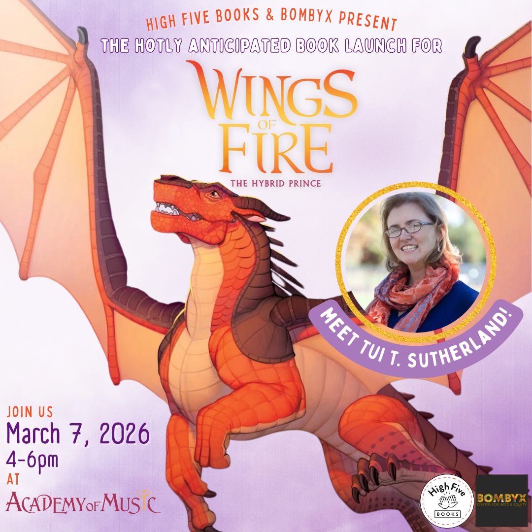 A close-up of Umber, the dragon on the cover of The Hybrid Prince, with text that says "High Five Books & Bombyx Present" and "Join Us March 7, 2026 4-6pm at Academy of Music" and also my silly face