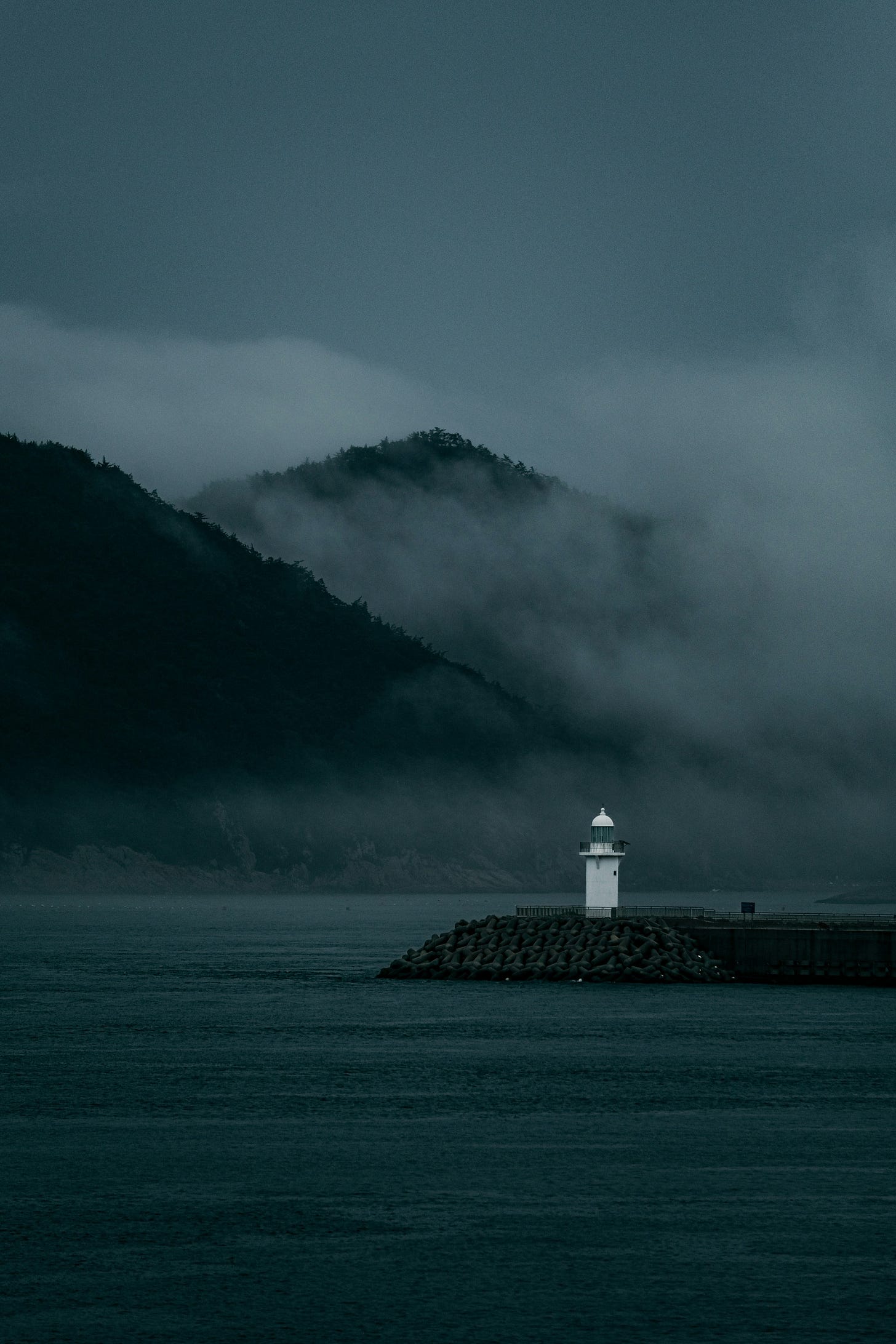 A small white lighthouse stands on a rocky breakwater, partially surrounded by fog, with dark water in the foreground and forested hills fading into mist behind it. A small white lighthouse stands on a rocky breakwater, partially surrounded by fog, with dark water in the foreground and forested hills fading into mist behind it.