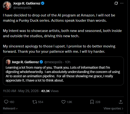 r/aiwars - Jorge R. Gutierrez has dropped out of the AI program after mass backlash. thoughts?