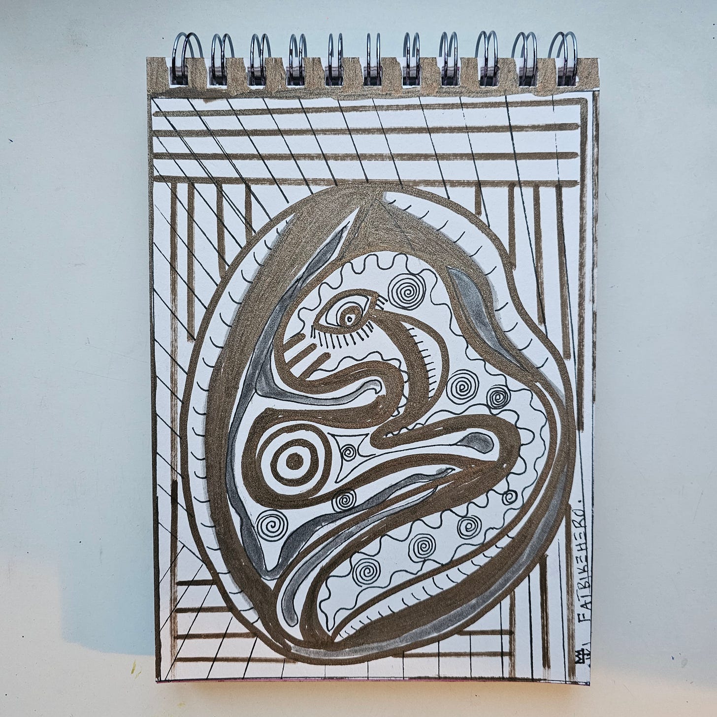 Alt Text:  An abstract ink and metallic marker drawing on paper titled "Vipers Egg Alien D.N.A" by FatbikeHero. The image features a large, egg-shaped enclosure containing a stylized snake-like creature with a single eye and spiral patterns, set against a background of rigid vertical and horizontal geometric lines.