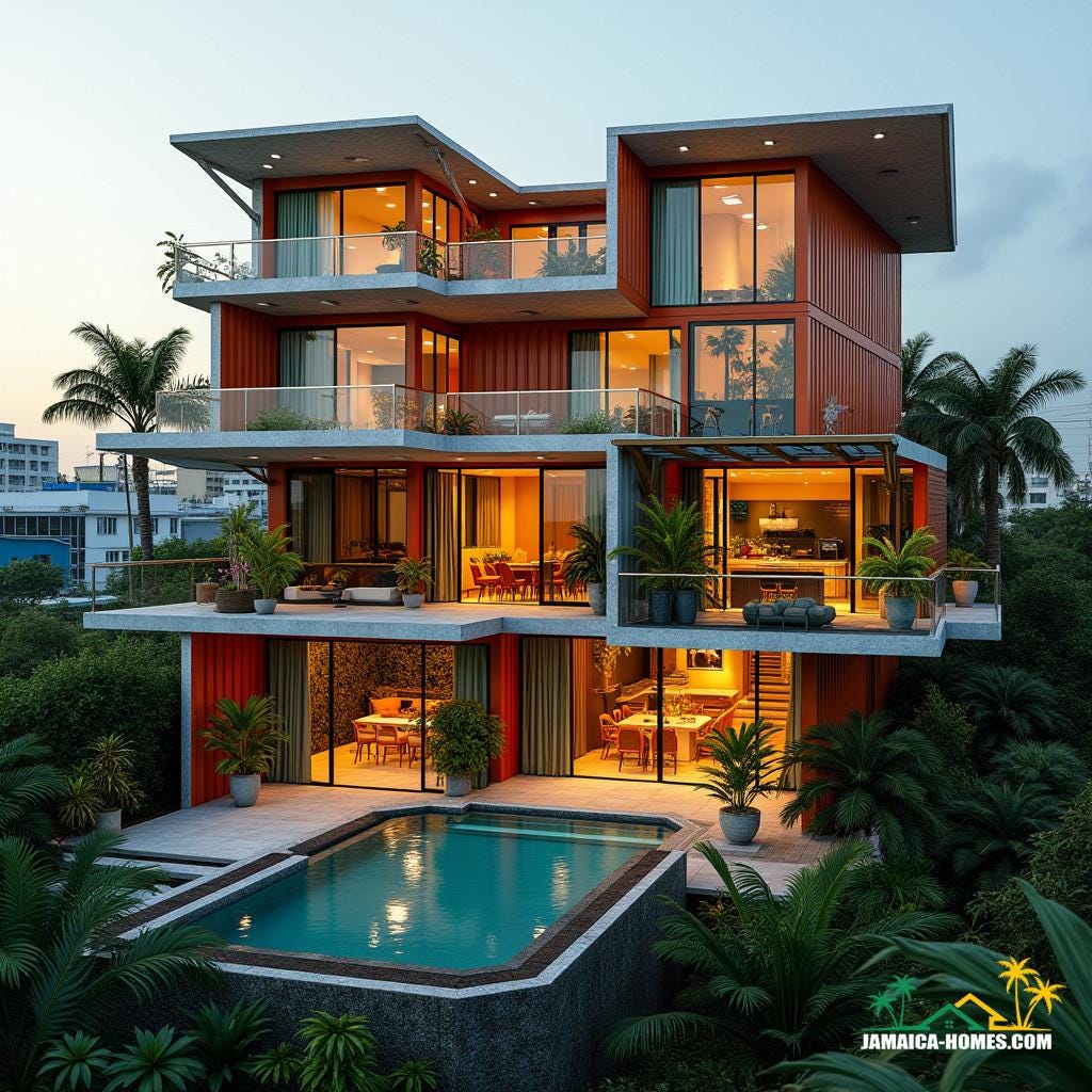 A three-story container home in Kingston, Jamaica, with bold, angular lines and unconventional module stacking, featuring cantilevered sections with glass-walled balconies, a rooftop recreational area with a small pool