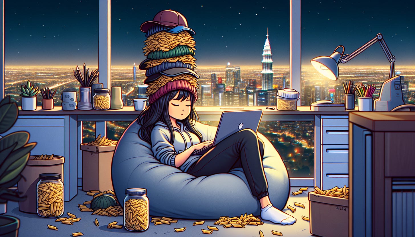 An AI generated photo of a girl wearing many hats, pasta strewn all over the apartment