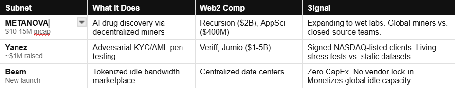 The 3 subnets I’m watching this week: Metanova, Yanez, and Beam. All are competing against billion-dollar incumbents at a fraction of the valuation. The 3 subnets I’m watching this week: Metanova, Yanez, and Beam. All are competing against billion-dollar incumbents at a fraction of the valuation.