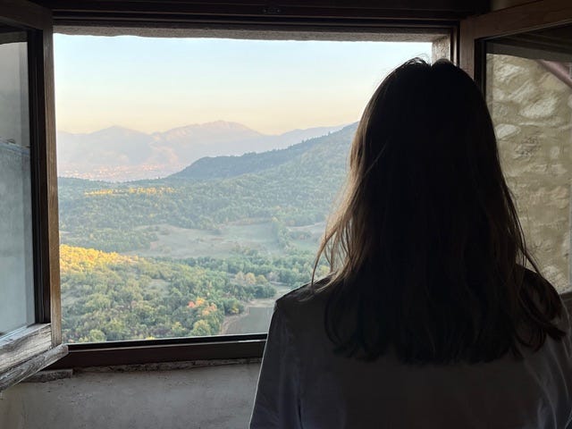 tracey edelist looking out window at mountain view