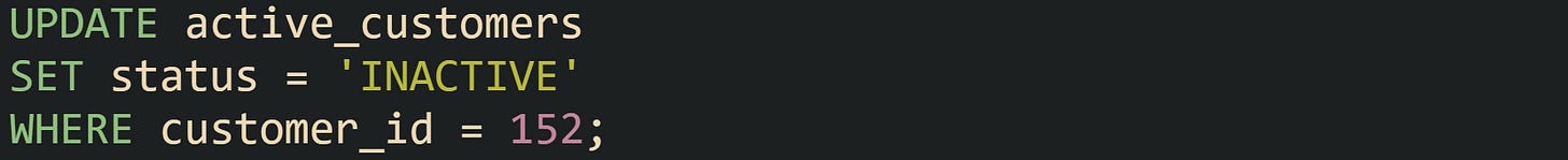 UPDATE active_customers SET status = 'INACTIVE' WHERE customer_id = 152;