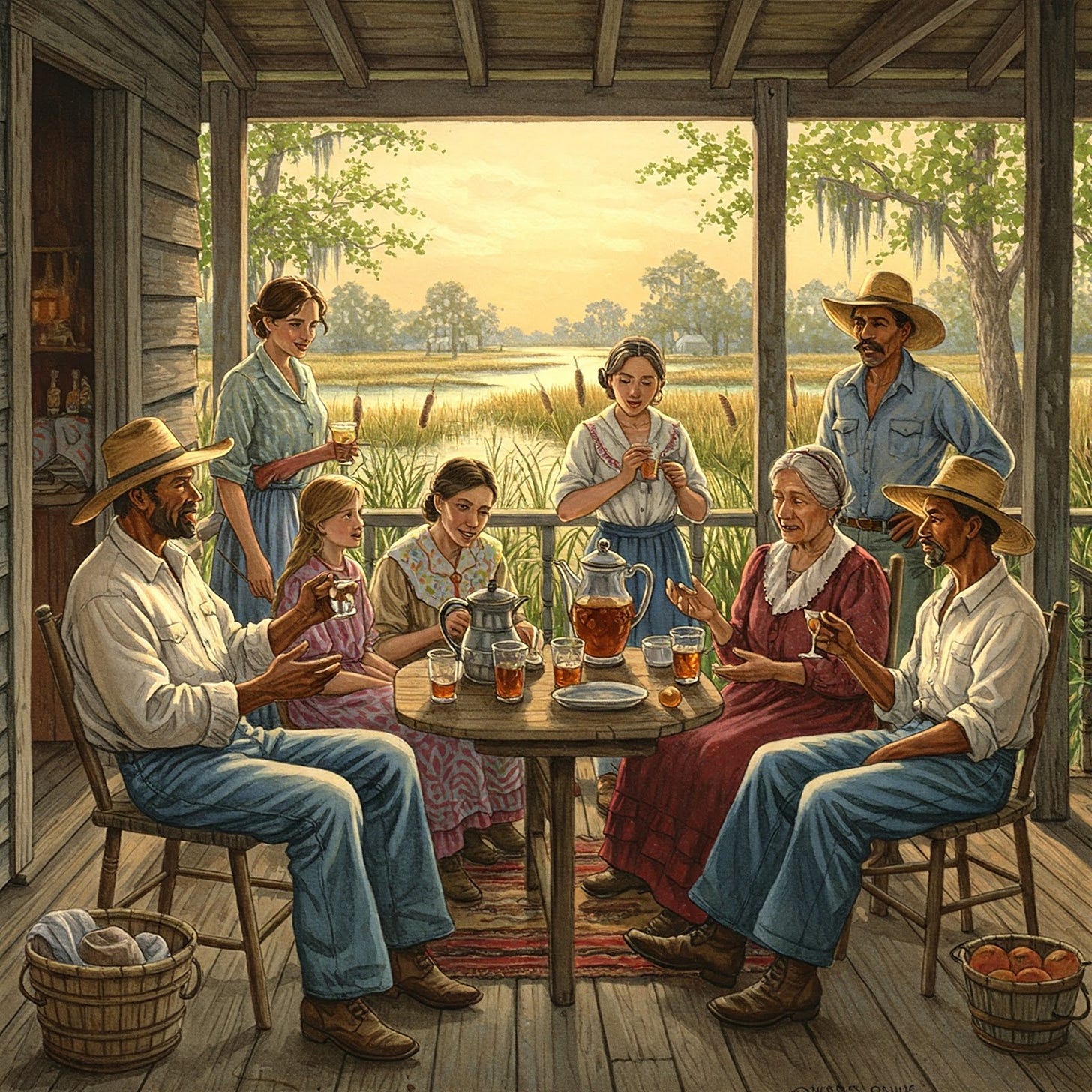 Cajun Creole family gathered around to hear a story drinking sweet tea.
