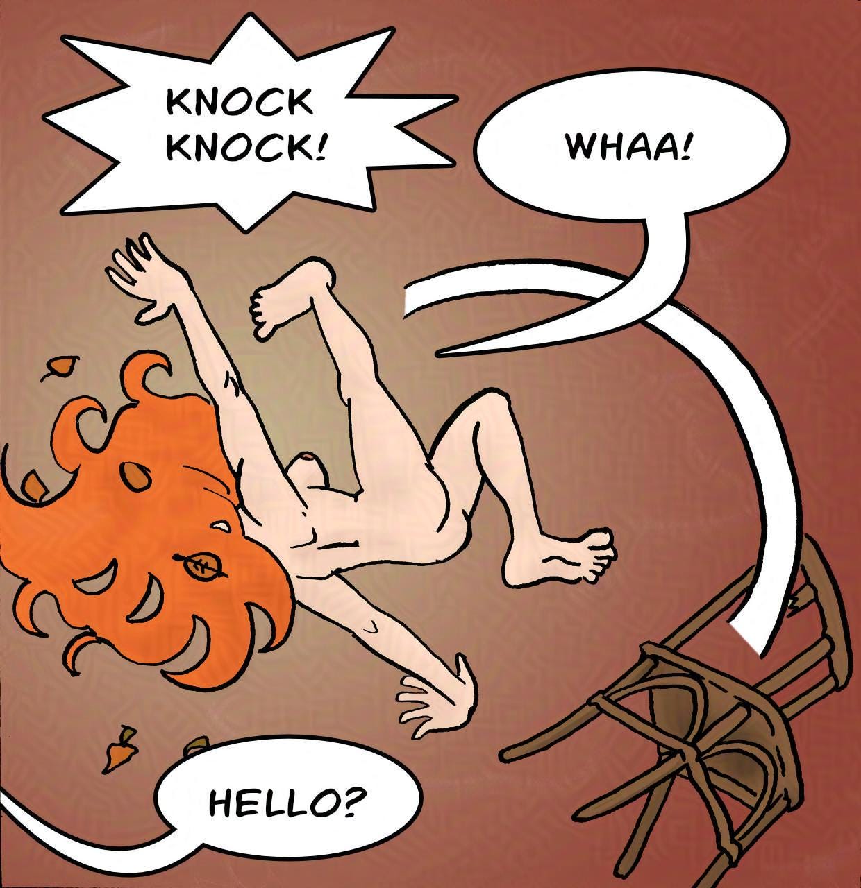 Panel 3. Kel is interrupted by a knocking at the door. Startled, she loses her balance and falls over. SFX: KNOCK KNOCK! Kel: Whaa! Bertie (off-panel): Hello?