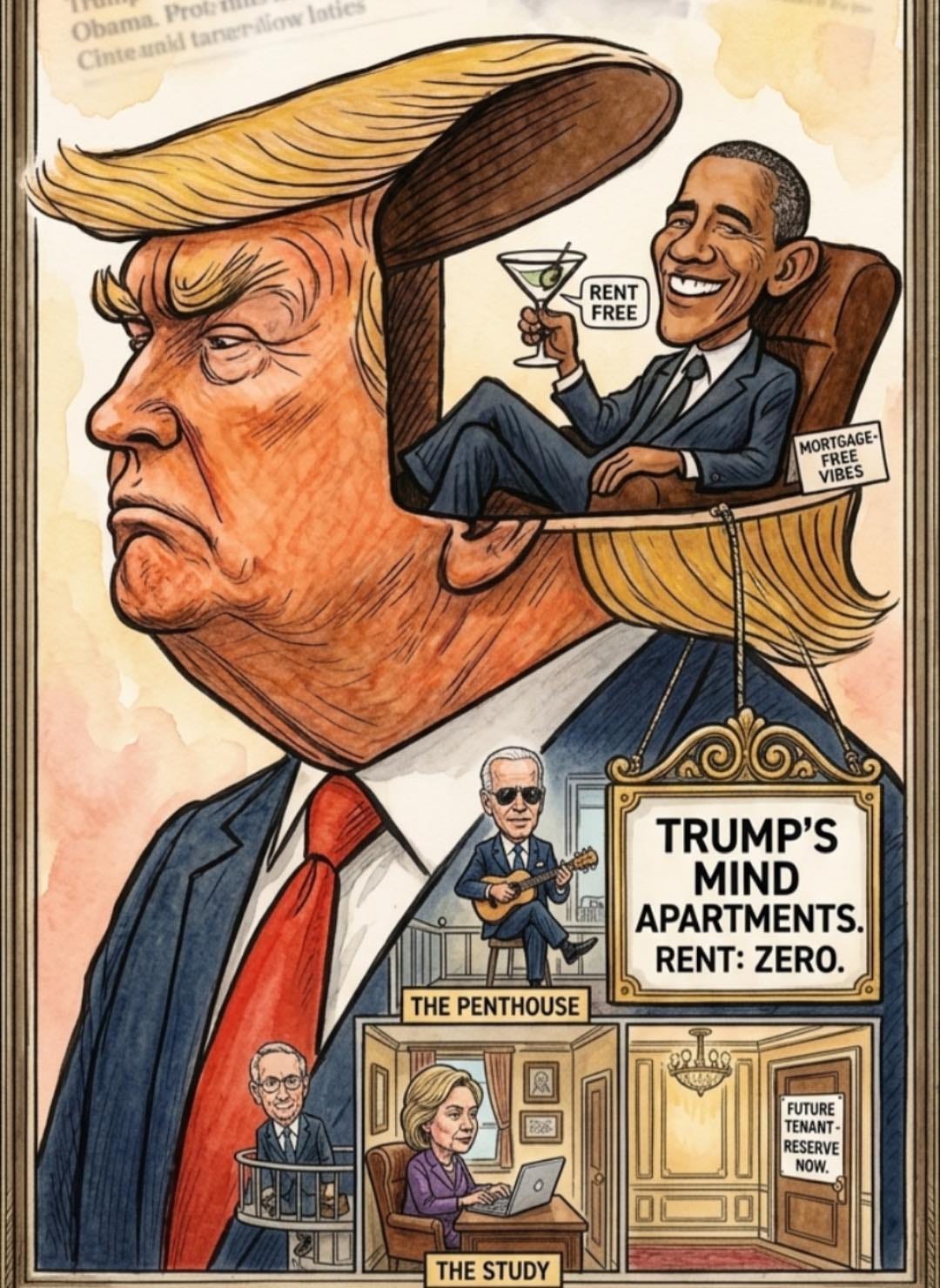 May be an image of the Oval Office and text that says 'Obama. Prot: laties Cinte uakl taneriliow Cinteunidtanerliow CIP 165 RENT FREE MORTGAGE- FREE VIBES Jh0 TRUMP'S MIND APARTMENTS. RENT: ZERO. THE PENTHOUSE FUTURE TENANT- RESERVE NOW. THE STUDY'