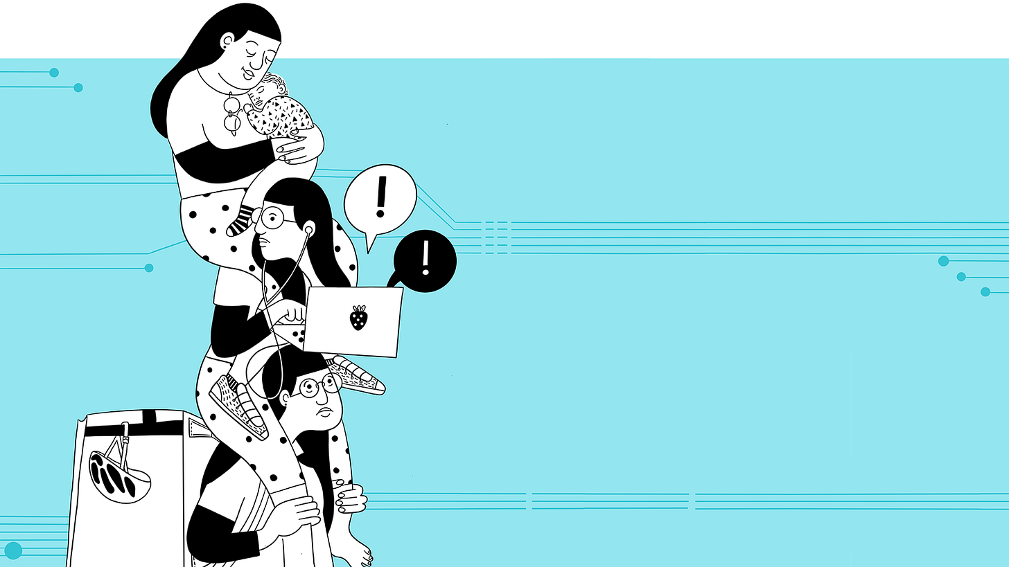 Woman working simultaneously as a delivery worker, remote employee, and caring her child, representing the opportunities and risks of work digitalization. Woman working simultaneously as a delivery worker, remote employee, and caring her child, representing the opportunities and risks of work digitalization.