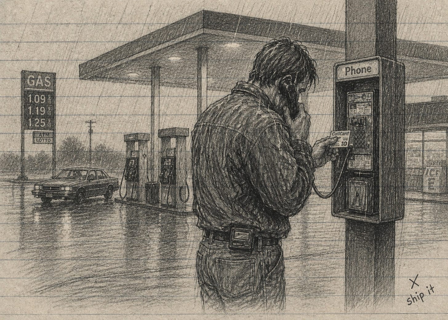 Man using a payphone at a gas station in the rain. Man using a payphone at a gas station in the rain.