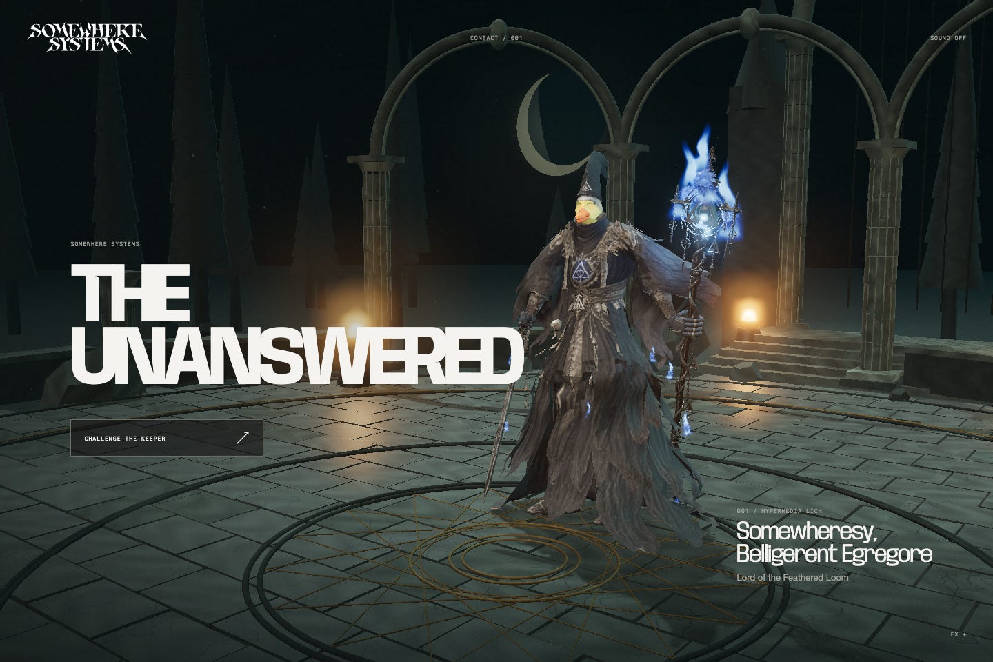 The Unanswered title screen, with a robed duck-headed lich in a cathedral. The Unanswered title screen, with a robed duck-headed lich in a cathedral.