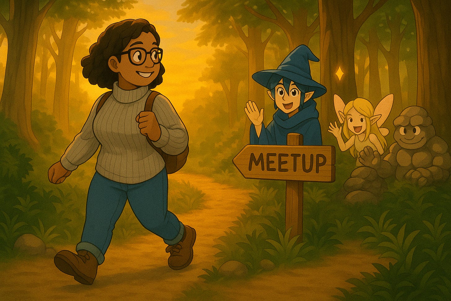 A smiling developer walks through a forest path past a sign that says “Meetup,” while a wizard and fairy wave her onward.