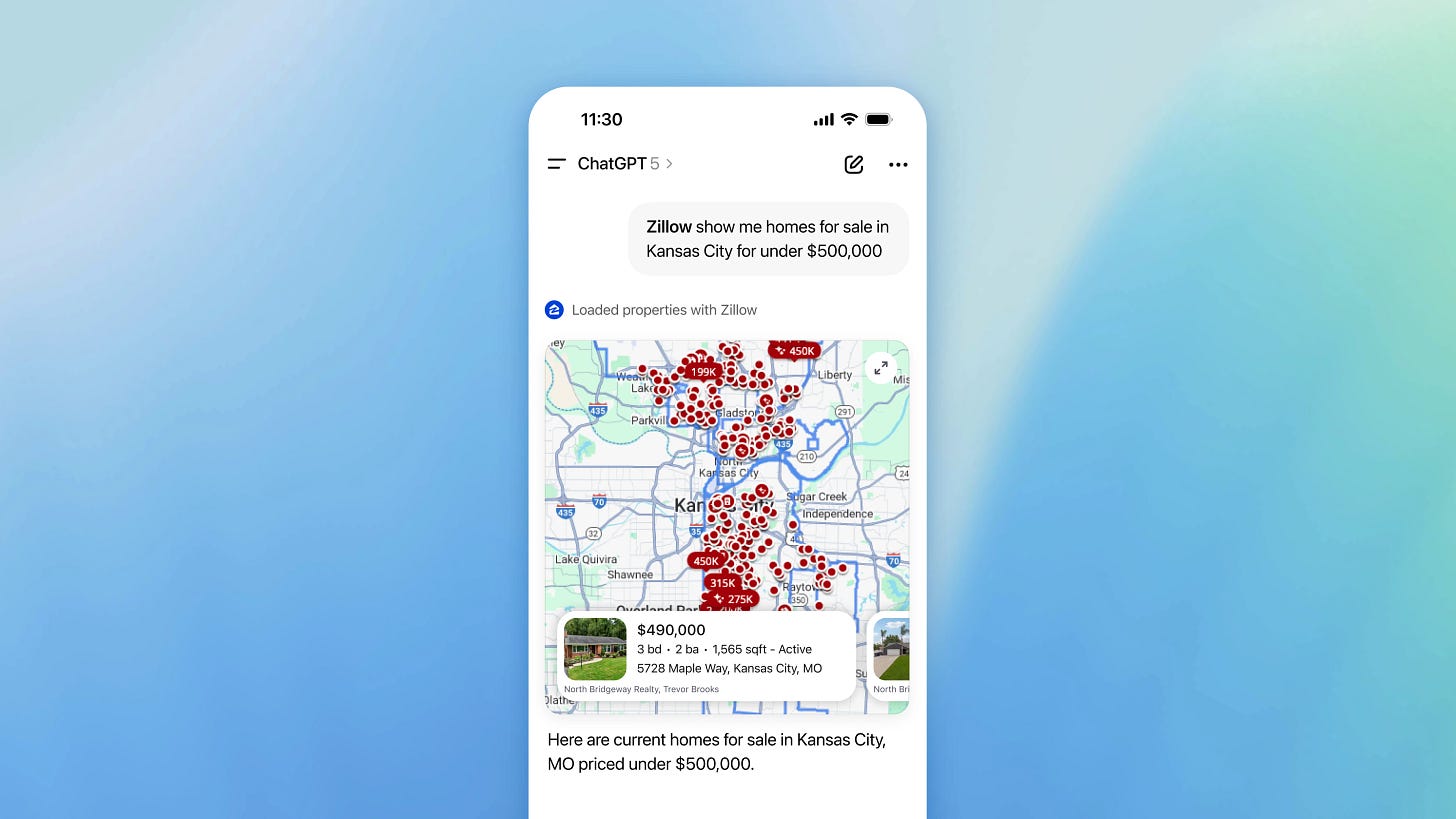 Mobile screen showing a ChatGPT conversation with a Zillow integration. The user asks, ‘Show me homes for sale in Kansas City.’ Zillow responds with a map of the Union Hill area displaying property price markers and a featured listing for a $560,000 home at 3024 Grand Ave with 3 bedrooms, 3 bathrooms, and 2,636 square feet.