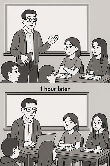 two-part cartoon-style image: Part 1 shows a teacher standing at the front of a classroom, lecturing to a group of passive students for one hour. The students are seated at desks, looking bored or disengaged. The teacher is animated, pointing at a whiteboard with notes and diagrams. Part 2 shows the same teacher sitting at their desk with a laptop, checking emails for the next hour while students remain seated, some chatting quietly or doodling. Classroom posters and a clock on the wall indicate the passage of time. two-part cartoon-style image: Part 1 shows a teacher standing at the front of a classroom, lecturing to a group of passive students for one hour. The students are seated at desks, looking bored or disengaged. The teacher is animated, pointing at a whiteboard with notes and diagrams. Part 2 shows the same teacher sitting at their desk with a laptop, checking emails for the next hour while students remain seated, some chatting quietly or doodling. Classroom posters and a clock on the wall indicate the passage of time.
